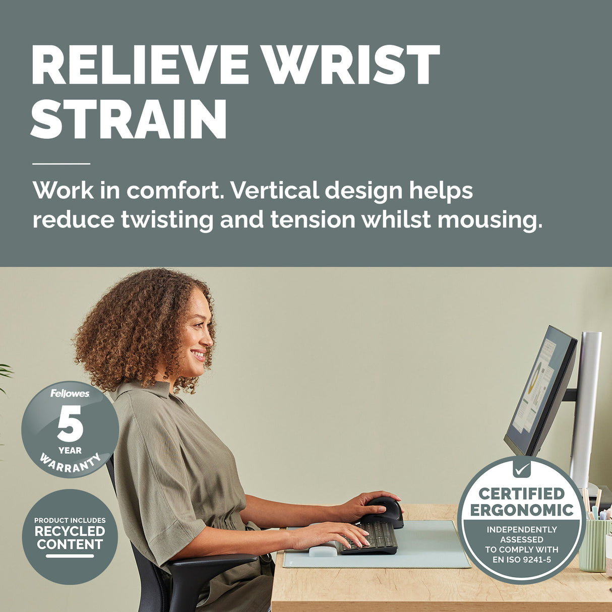 Fellowes Vertical Wireless Mouse Breyta Plus+ Ergonomic Left Handed Vertical Mouse with Antibacterial Protection Medium