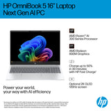 HP OmniBook 5 NGAI OmniBook 5 Next Gen AI 16-ag1007na Copilot+ PC AMD Ryzen™ AI 5 340 Laptop 40.6 cm (16") 2K 16 GB LPDDR5x-SDRAM 1 TB SSD Wi-Fi 6 (802.11ax) Windows 11 Home Silver