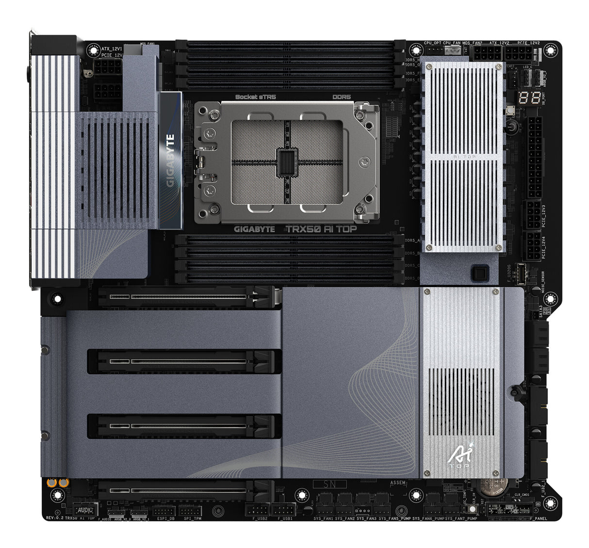 GIGABYTE TRX50 AI TOP-2B Motherboard - AMD Ryzen Threadripper PRO 7000 CPUs, 16+8+4 Phases Digital VRM, up to 5200 MHz DDR5, 4xPCIe 5.0 M.2, Wi-Fi 7, 10 GbE LAN, USB 4