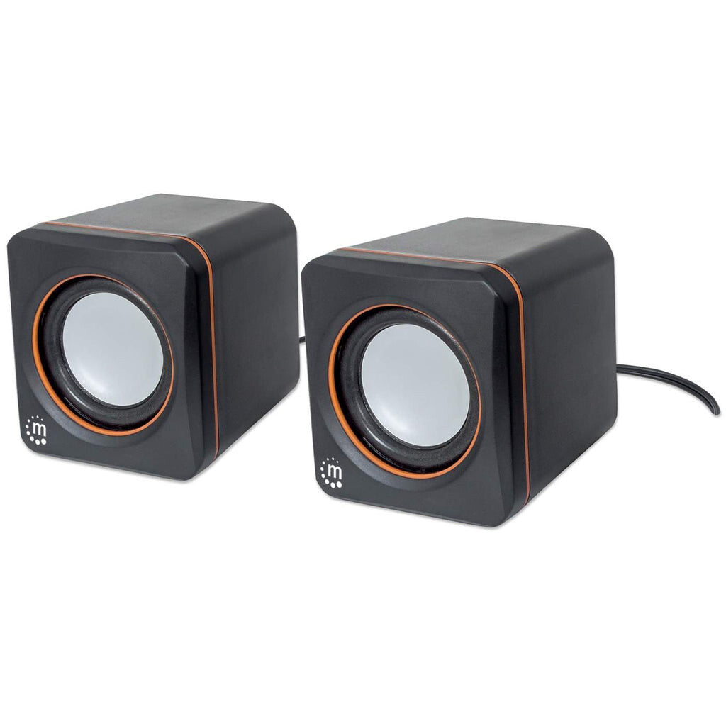 Manhattan 2600 Series Speaker System, Small Size, Big Sound, Two Speakers, Stereo, USB power, Output: 2x 3W, 3.5mm plug for sound, In-Line volume control, Cable 0.9m, Black, Three Year Warranty