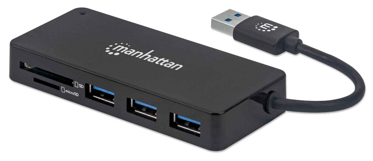 Manhattan USB-A 3-Port Hub with Card Reader, 3x USB-A ports, 5 Gbps (USB 3.2 Gen1 aka USB 3.0), SD, MicroSD, MMC and Memory Stick; Bus Power, SuperSpeed USB, Black, Three Year Warranty