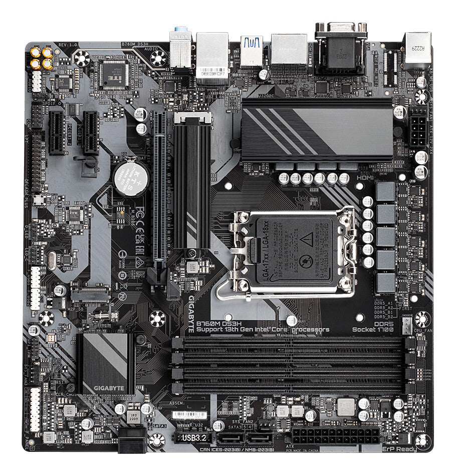 Placa base Gigabyte B760M DS3H DDR5, Intel Socket 1700, 12.ª/13.ª generación, 1x PCIe 4.0 x16, Micro ATX, USB tipo C, LAN 2,5 GbE, HDMI, DisplayPort, Smart Fan 6, Q-Flash Plus