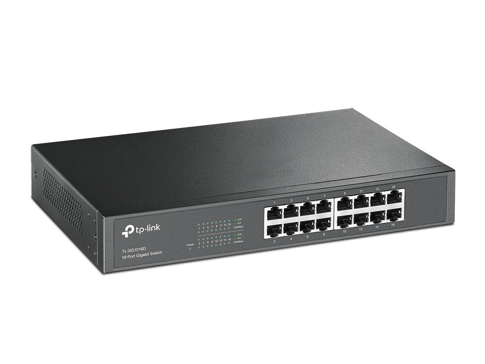 TP-LINK (TL-SG1016D) Switch de escritorio/montaje en rack no administrado Gigabit de 16 puertos, caja de acero