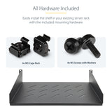 StarTech.com 2U Vented Server Rack Shelf, 12" (31.5cm) Mounting Depth, Cantilever Tray For 19" Rack/Cabinet, Heavy-Duty Steel, Up To 25lb/11.3kg, Includes Cage Nuts/Screws
