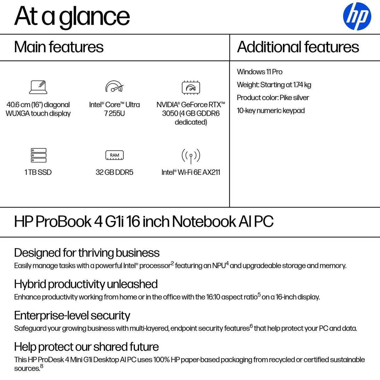 HP ProBook 4 G1i Intel Core Ultra 7 255U Laptop 40.6 cm (16") Touchscreen WUXGA 32 GB DDR5-SDRAM 1 TB SSD Wi-Fi 6E (802.11ax) Windows 11 Pro AI PC Silver