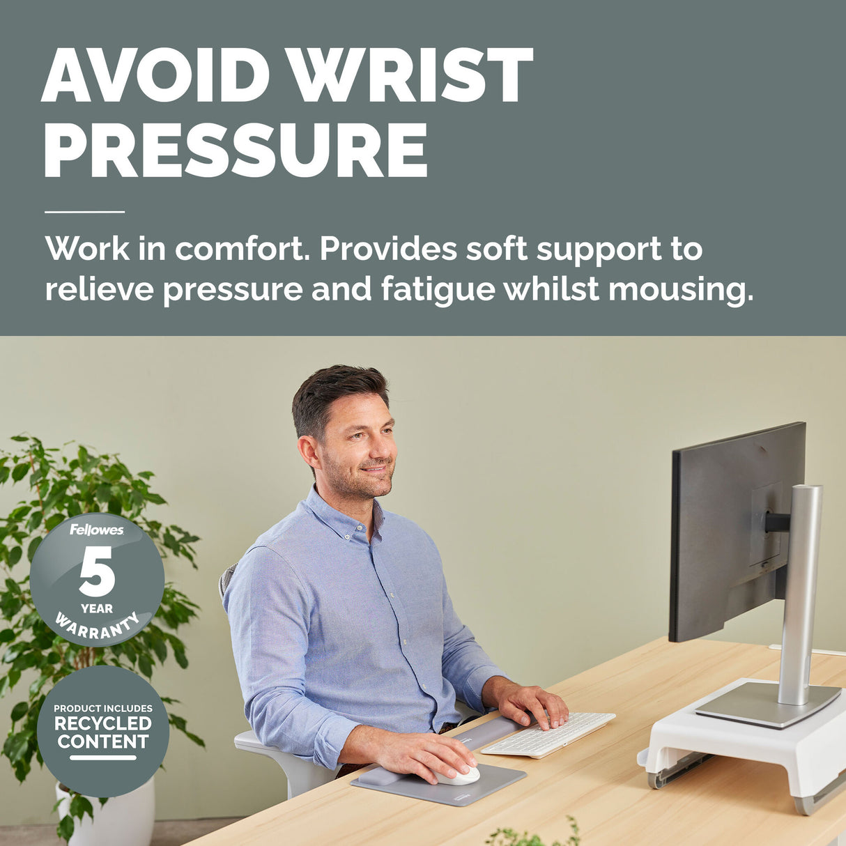 Fellowes Breyta Mouse Mat Wrist Rest Mouse Pad Wrist Support with Antibacterial Protection Ergonomic Mouse Mat Grey
