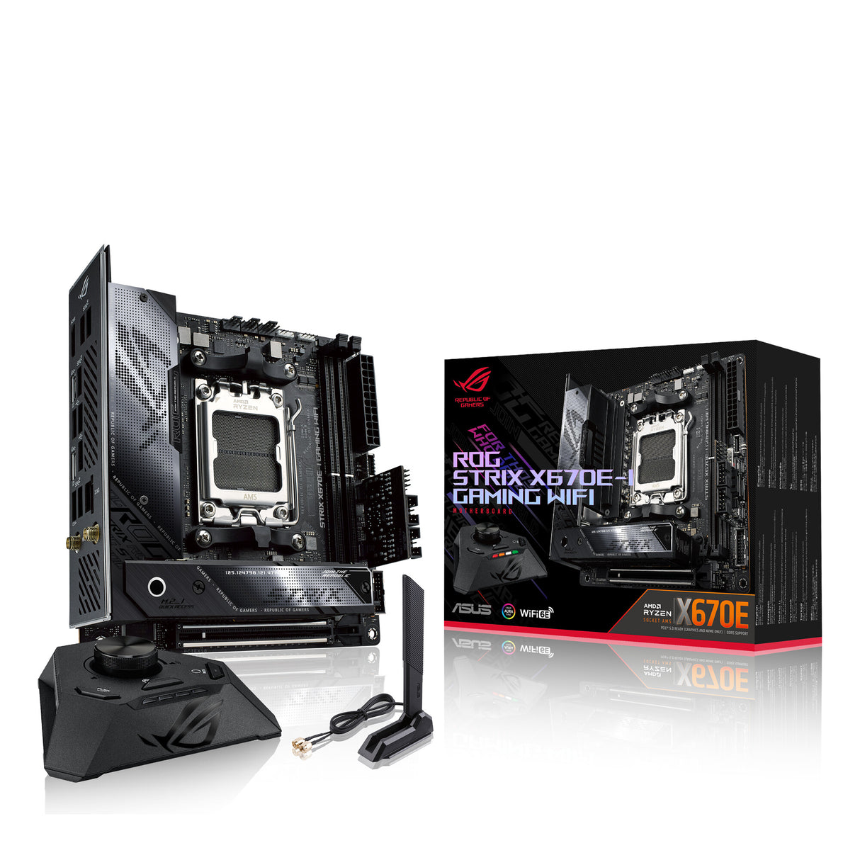 Asus ROG STRIX X670E-I GAMING WIFI, AMD X670, AM5, Mini ITX, 2 DDR5, HDMI, 2 USB4, Wi-Fi 6E, LAN 2,5G, PCIe5, RVB, 2x M.2, ROG Strix Hive et FPS-II Carte