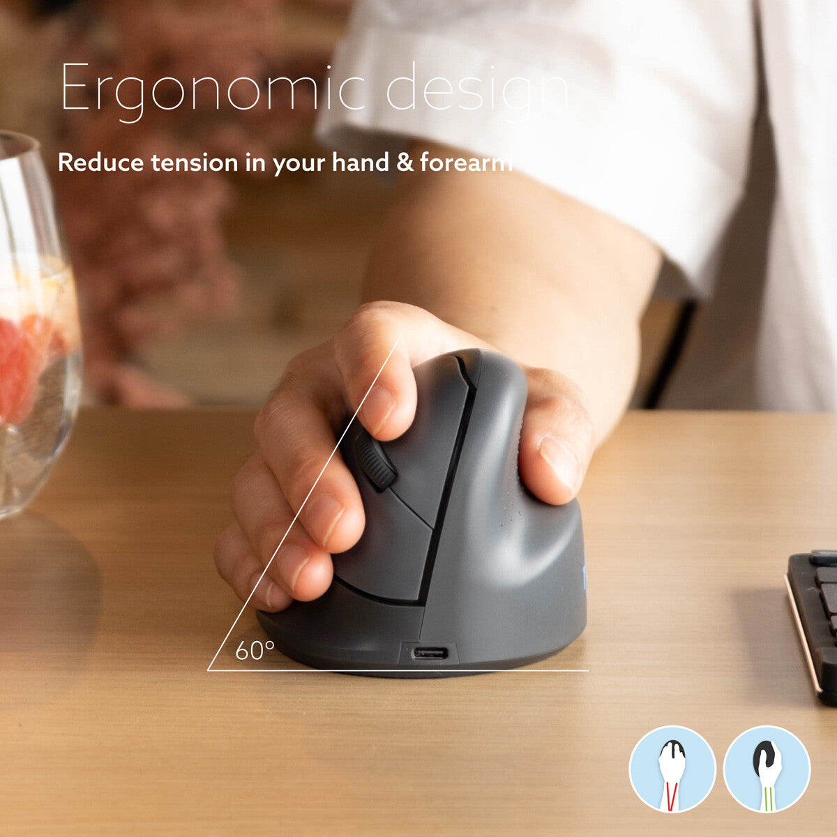 R-Go Tools Vertical mouse R-Go HE Basic, ergonomic mouse, medium (hand size ≥ 185 mm), right-handed, Bluetooth, grey
