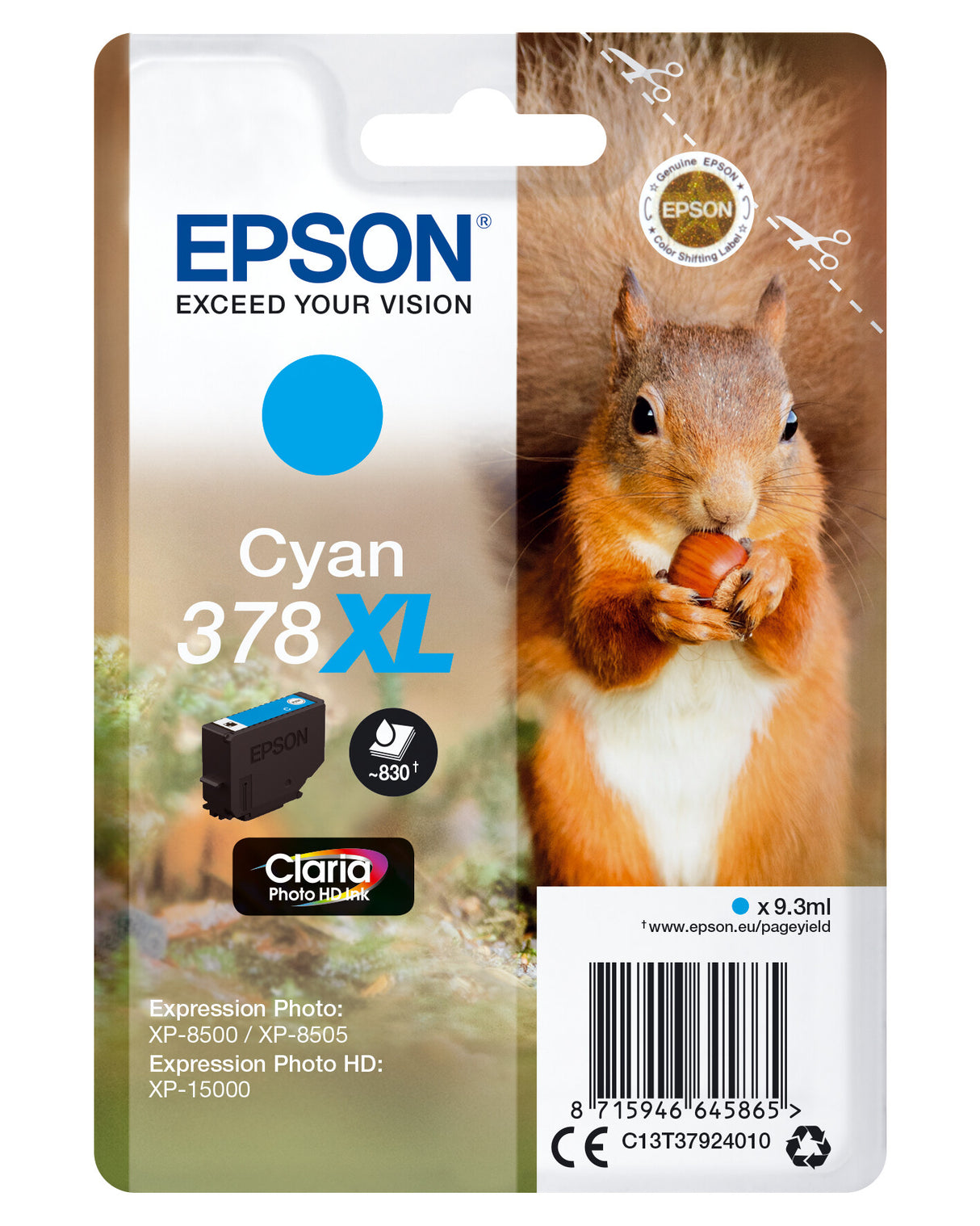 Epson Squirrel Singlepack Cyan 378XL Claria Photo HD Ink