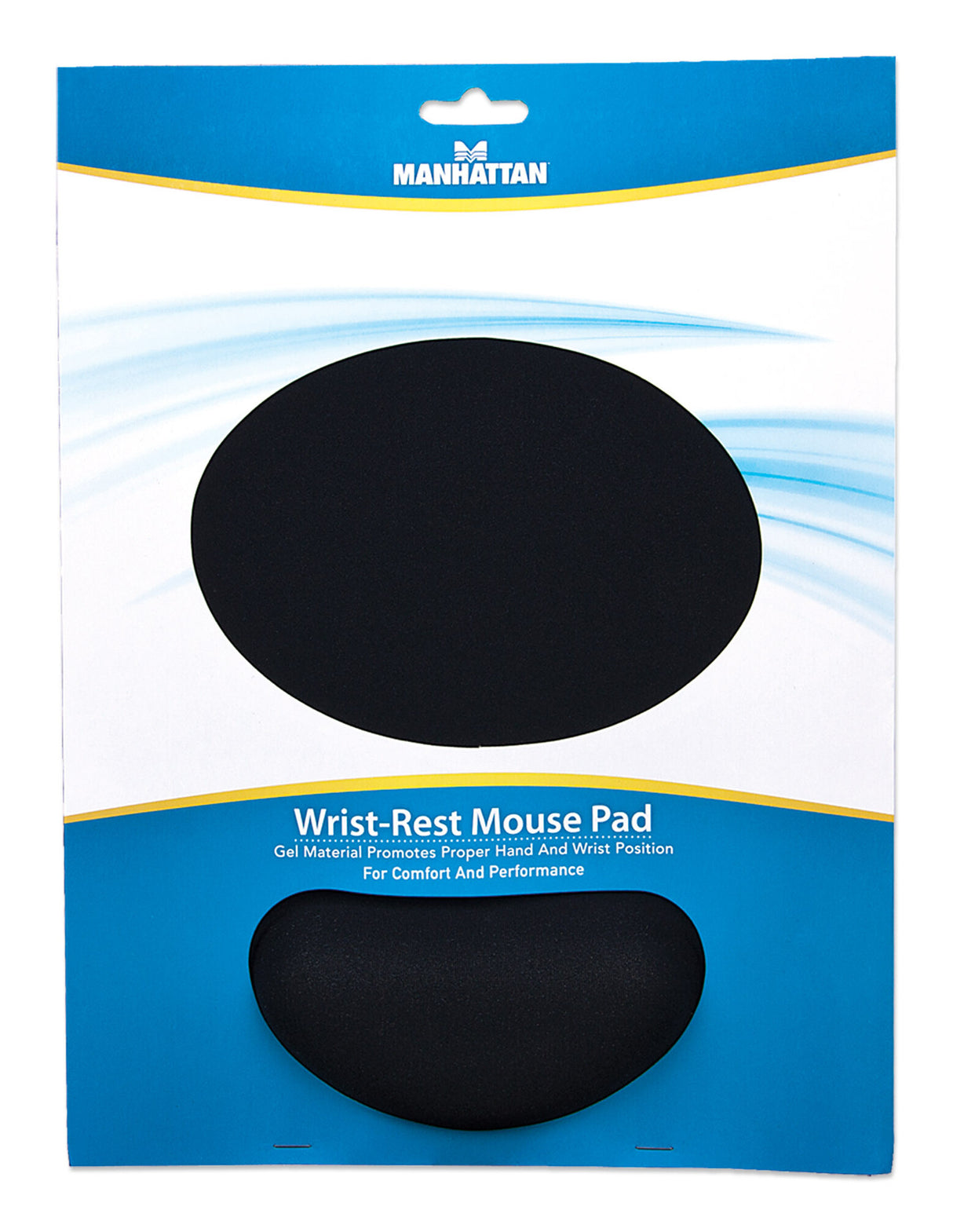Manhattan Wrist Gel Support Pad and Mouse Mat, Black, 241 × 203 × 40 mm, non slip base, Lifetime Warranty, Card Retail Packaging