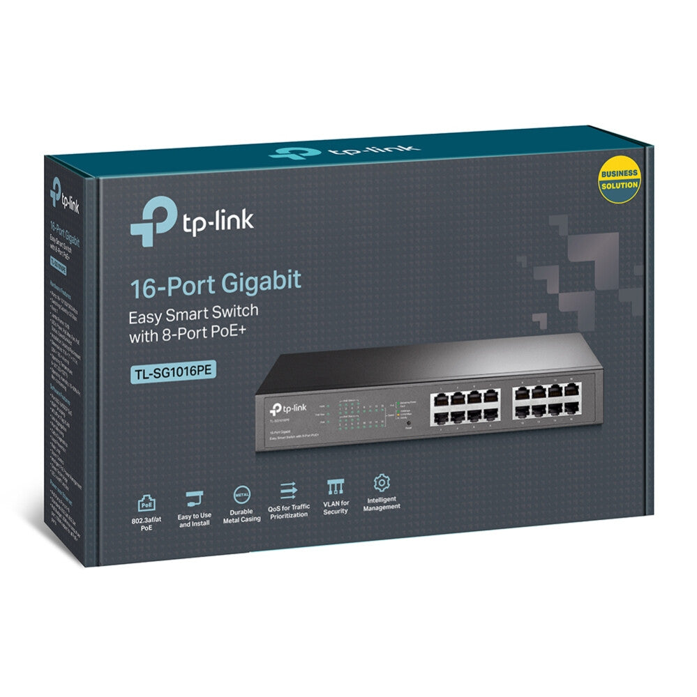 TP-LINK (TL-SG1016PE) Conmutador de escritorio/rack inteligente Easy Gigabit de 16 puertos, PoE+ de 8 puertos, metal