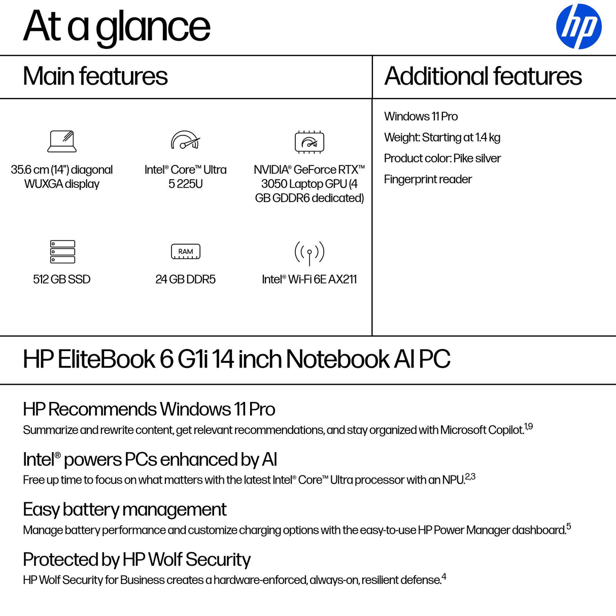 HP EliteBook 6 G1i AI PC Intel Core Ultra 5 225U Laptop 35.6 cm (14") WUXGA 24 GB DDR5-SDRAM 512 GB SSD Wi-Fi 6E (802.11ax) Windows 11 Pro Silver