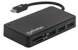 Manhattan USB-C Dock/Hub with Card Reader, Ports (x3): USB-A (x3), 5 Gbps (USB 3.2 Gen1 aka USB 3.0), External Power Supply Not Needed, Universal for all devices, SuperSpeed USB, Black, Three Year Warranty