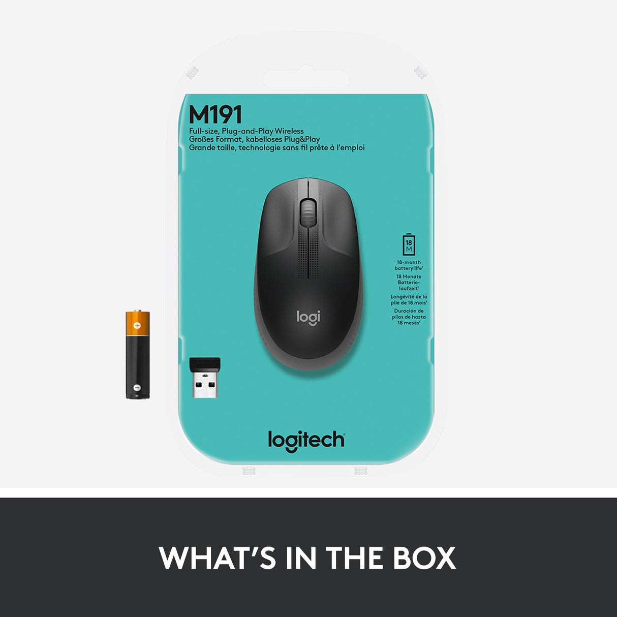 Logitech Souris sans fil M190, conception courbe ambidextre pleine grandeur, batterie de 18 mois avec mode d'économie d'énergie, récepteur USB, contrôle précis du curseur avec large molette de défilement et boutons échancrés, noire