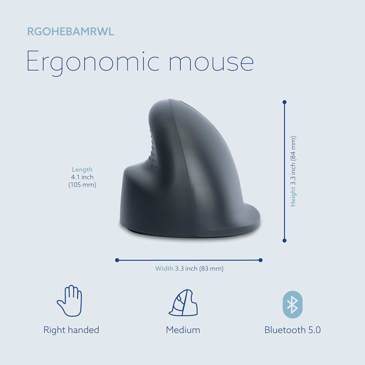 R-Go Tools Vertical mouse R-Go HE Basic, ergonomic mouse, medium (hand size ≥ 185 mm), right-handed, Bluetooth, grey