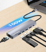 Manhattan USB-C Dock/Hub, Ports (x6): Ethernet, HDMI, USB-A (x3) and USB-C, With Power Delivery (100W) to USB-C Port (Note additional USB-C wall charger and USB-C cable needed), USB 3.2 Gen 1, All Ports can be used at the same time, Universal for all devi