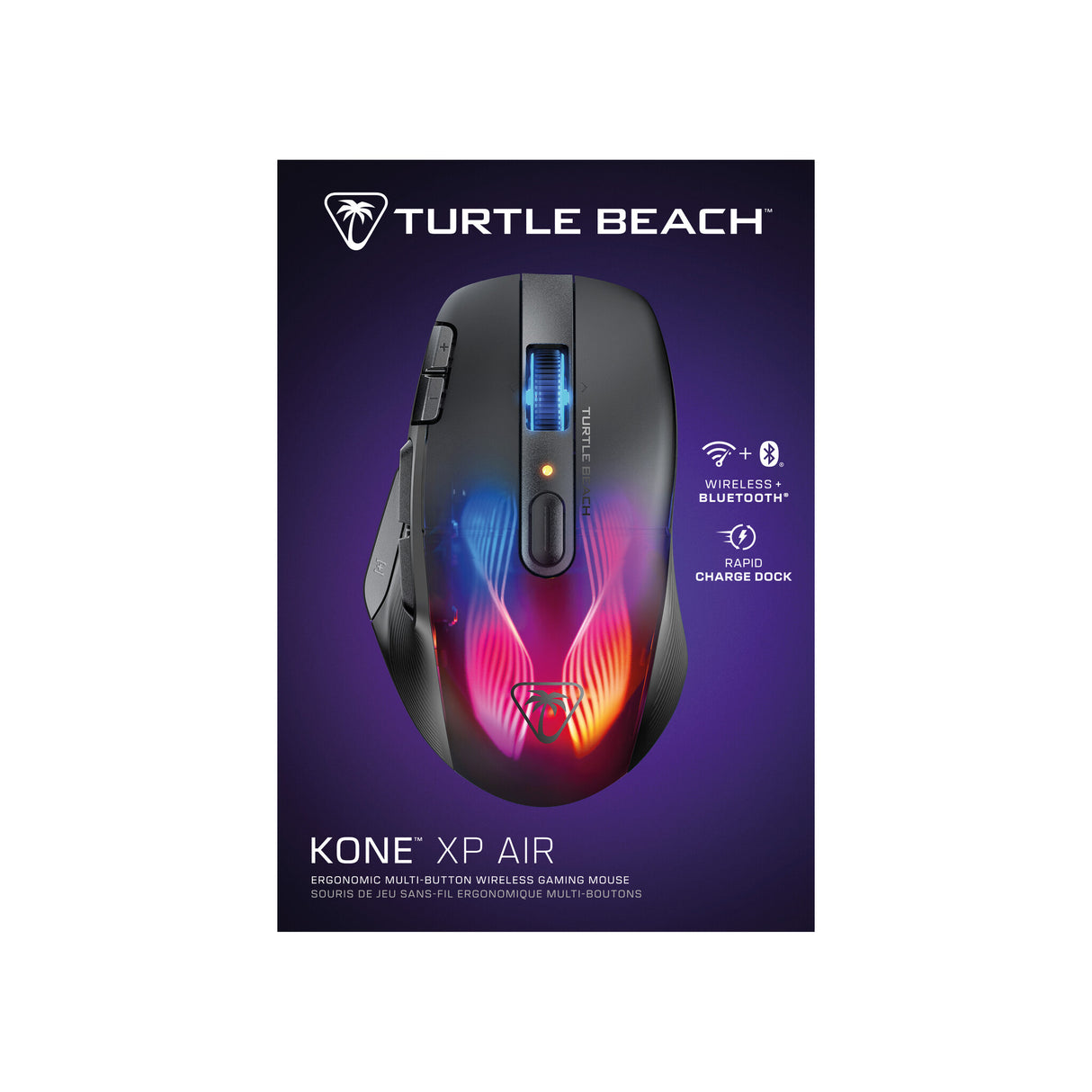 Turtle Beach Kone XP Air Black – Wireless Customizable Ergonomic RGB Gaming Mouse, Bluetooth, 19K DPI Optical Sensor, 100h Battery & Charging Dock, AIMO RGB Lighting, 4D Wheel
