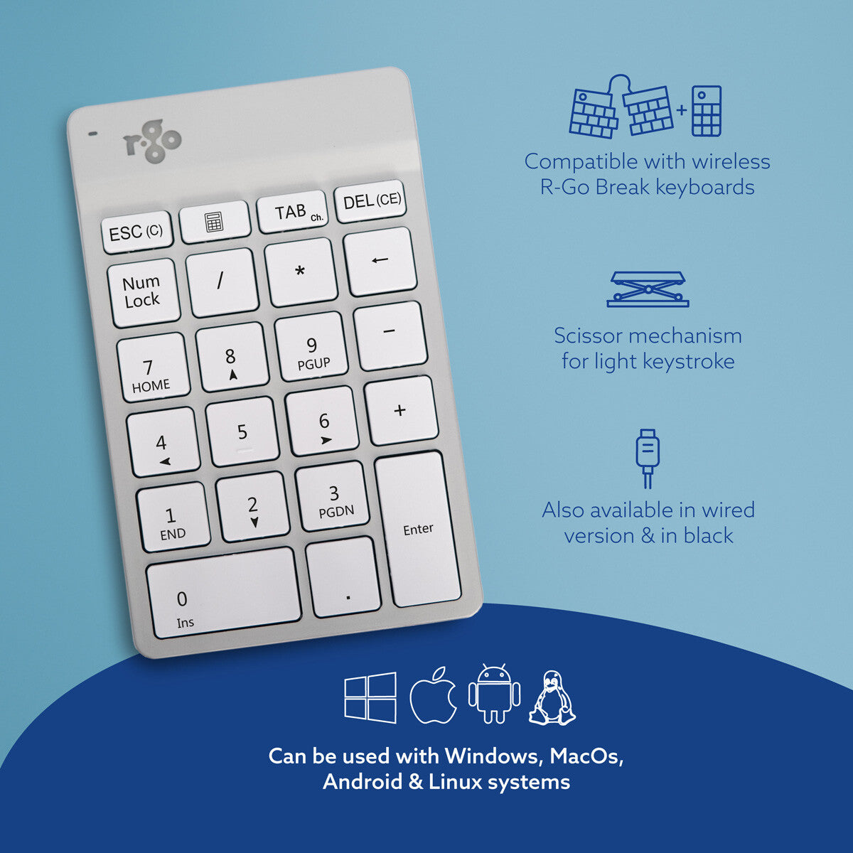 R-Go Tools Numeric keypad R-Go Numpad Break, ergonomic numeric keypad with break software, bluetooth, white