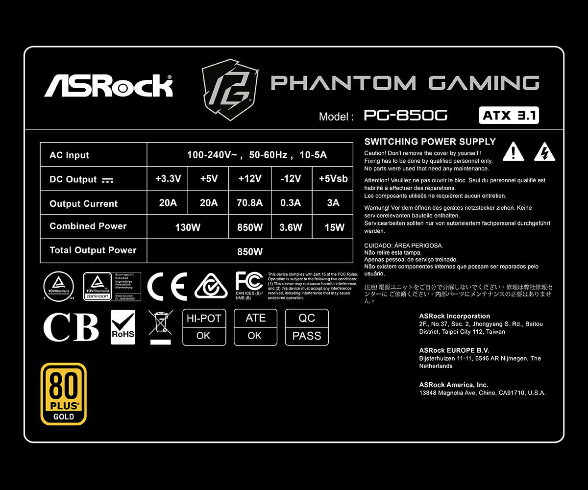 Asrock PG-850G power supply unit 850 W 20+4 pin ATX ATX Black