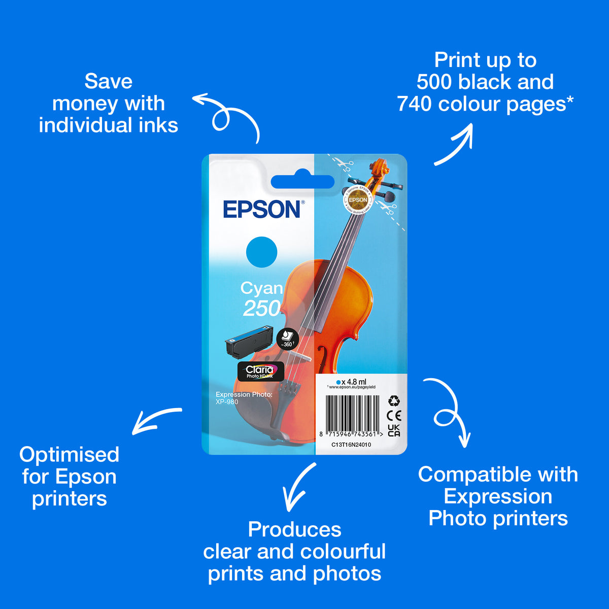 Epson Singlepack Cyan 250 Violin Claria Photo HD Ink