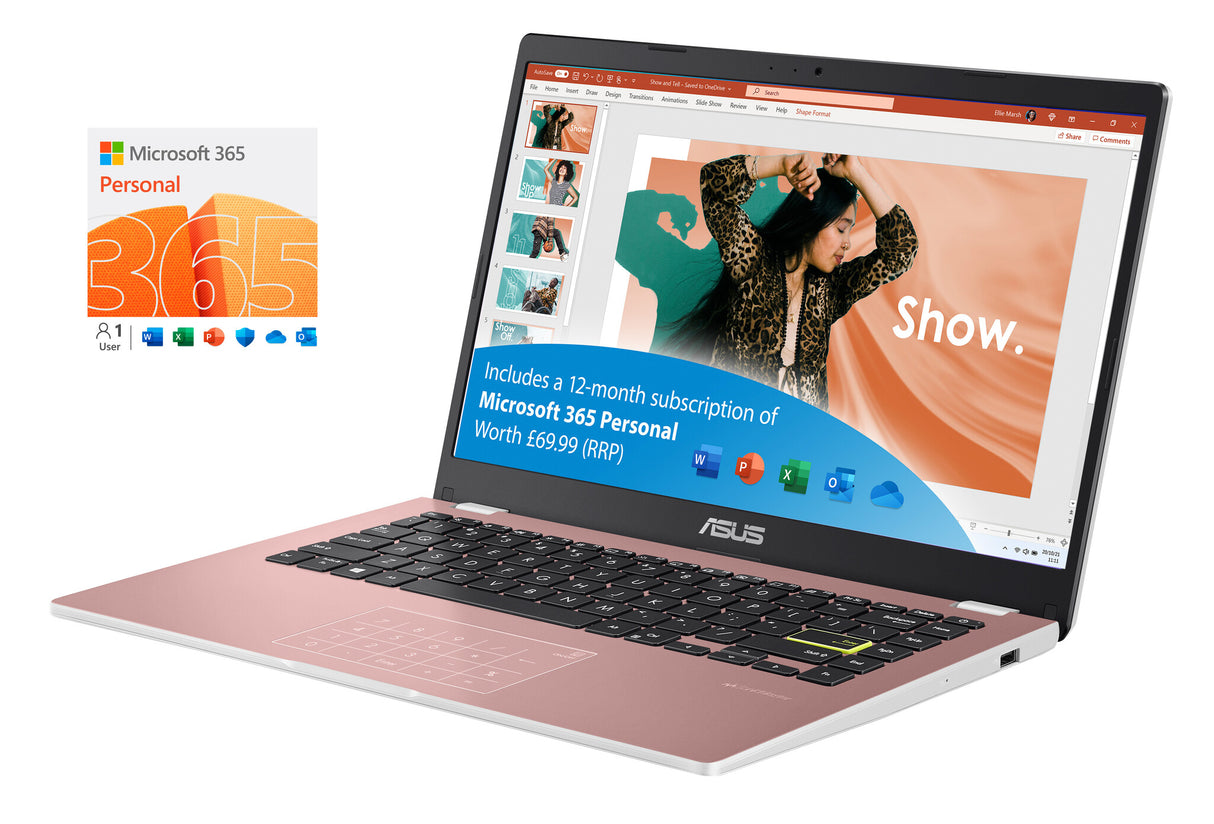 ASUS Vivobook Go 14 E410KA-EK592WS Intel® Celeron® N N4500 Laptop 35.6 cm (14") Full HD 4 GB DDR4-SDRAM 128 GB eMMC Wi-Fi 5 (802.11ac) Windows 11 Home in S mode Pink gold