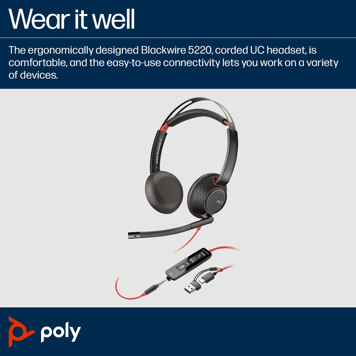 POLY Blackwire 5220 Stereo USB-C Headset +3.5mm Plug +USB-C/A Adapter (Bulk)