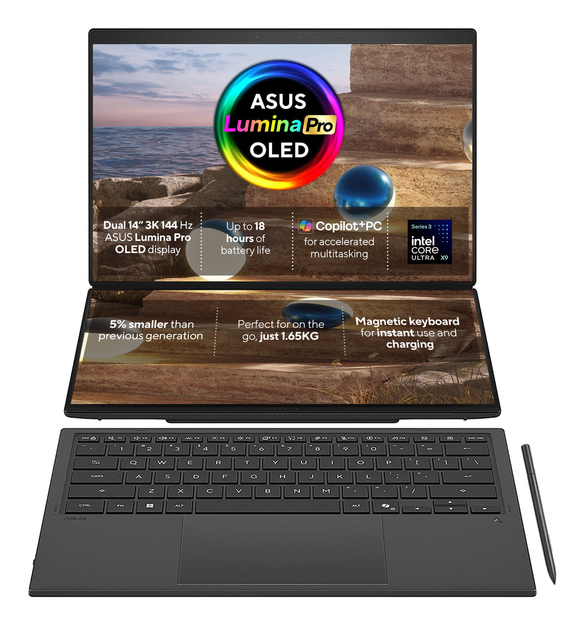 ASUS Zenbook Duo UX8407AA-SN586W Intel Core Ultra X9 378H Hybrid (2-in-1) 35.6 cm (14") Touchscreen 3K 32 GB LPDDR5x-SDRAM 1 TB SSD Wi-Fi 7 (802.11be) Windows 11 Home Grey