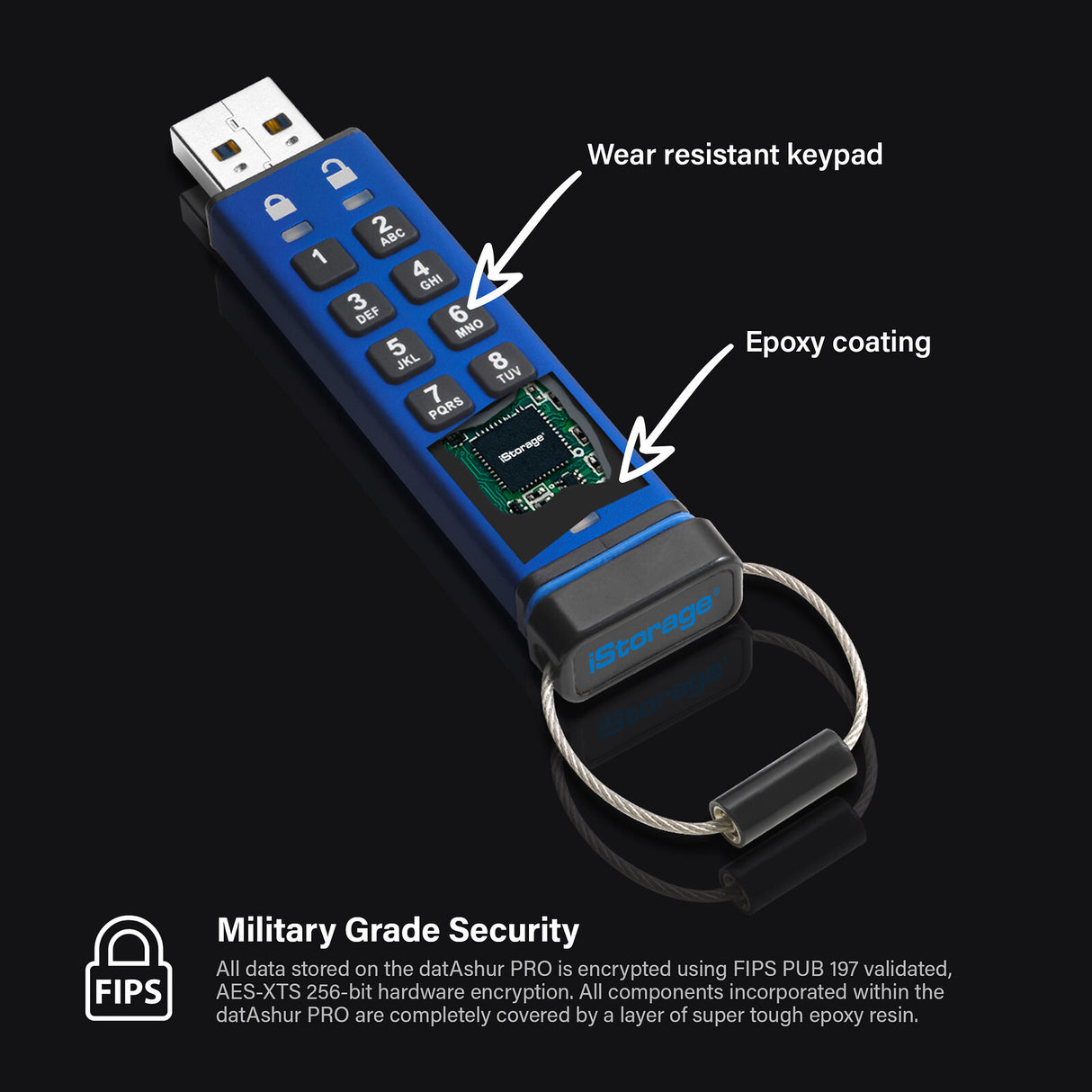 iStorage datAshur PRO 256-bit 16GB USB 3.0 secure encrypted flash drive IS-FL-DA3-256-128