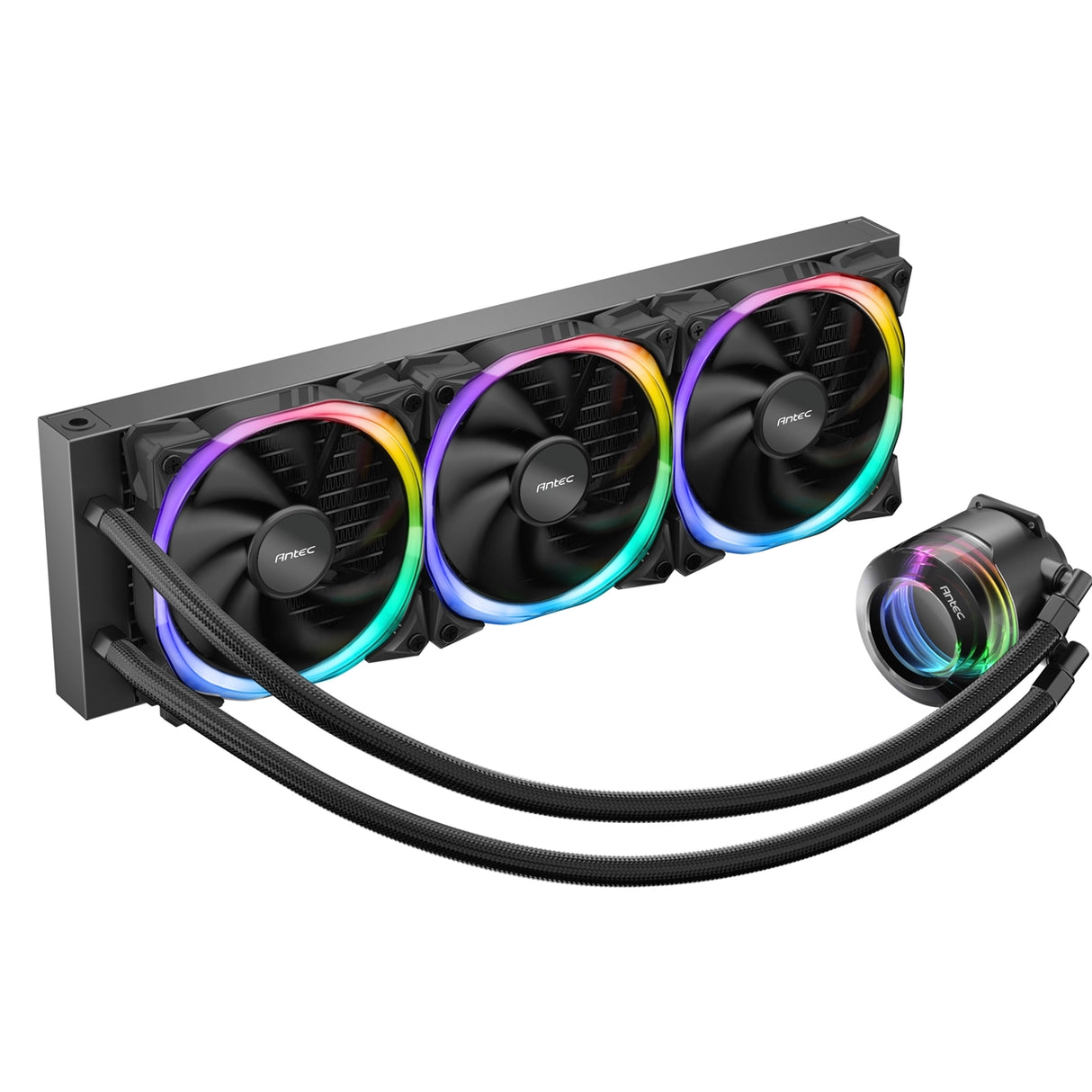 ANTEC Vortex 360 ARGB AiO Enfriador líquido de CPU, enchufe universal, radiador de 360 ​​mm, ventiladores de refrigeración PWM 2000 RPM Fusion ARGB, iluminación LED RGB direccionable con diseño de cabezal de bomba en espiral suspendido