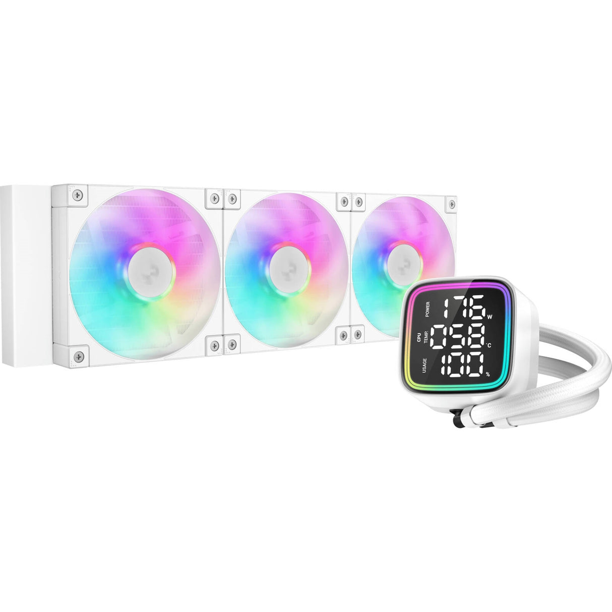 DeepCool LD 360 AIO Liquid CPU Cooler,White, Universal Socket, 360mm Radiator, PWM 2400RPM Cooling Fans, Addressable RGB LED Lighting, Fully Customizable Infinity Mirror Cap Design, Digital Display,