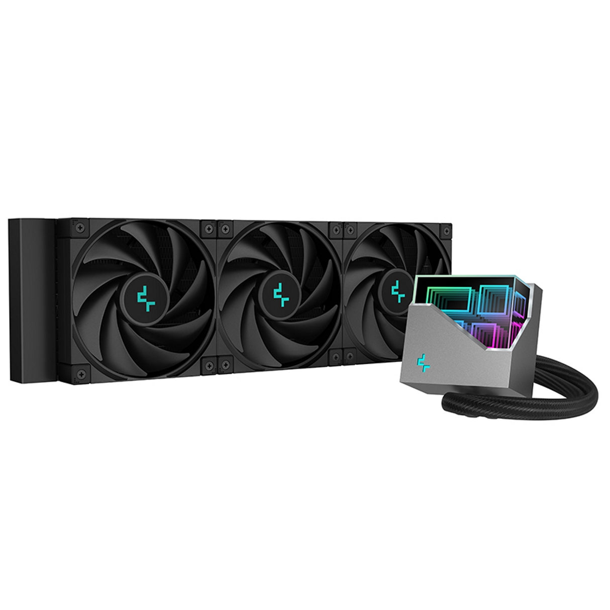 DeepCool LT720 Refroidisseur de processeur liquide AiO, prise universelle, radiateur 360 mm, ventilateurs noirs PWM 2250 tr/min FK120 Performance, éclairage LED RVB adressable, tête de pompe miroir infini