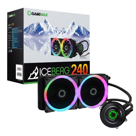 GameMax Iceburg 240mm ARGB Liquid AIO CPU Cooler with Double 120mm Fans, PWM Control, and RGB Lighting - Compatible with Intel and AMD