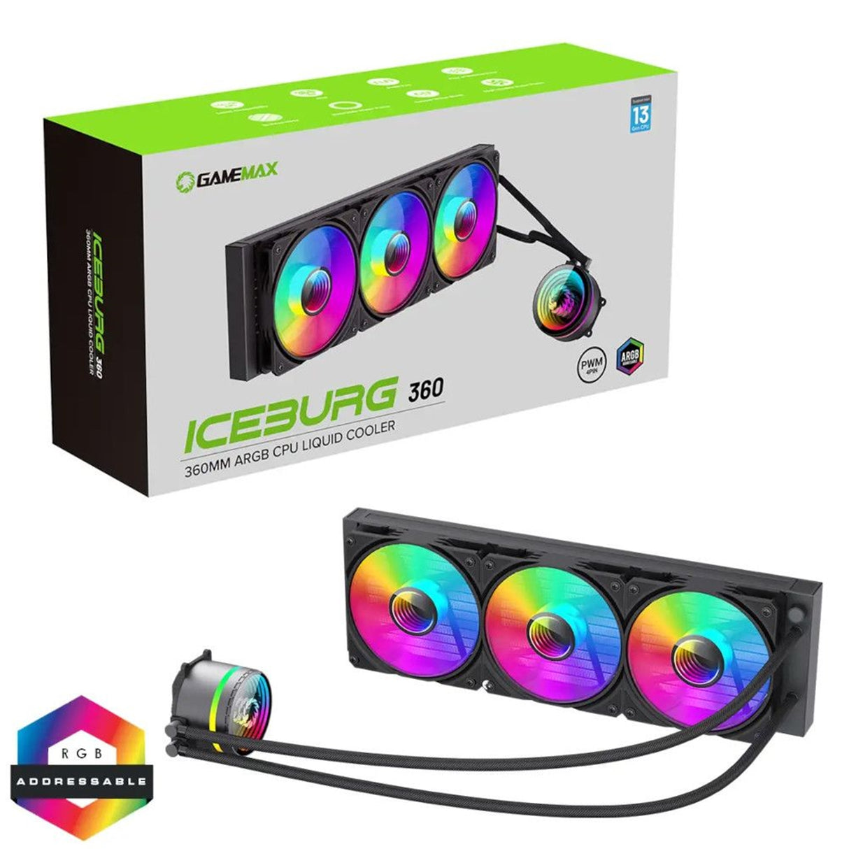 GameMax Iceburg 360mm ARGB Liquid AIO CPU Cooler with Triple 120mm Fans, PWM Control, and RGB Lighting - Compatible with Intel and AMD