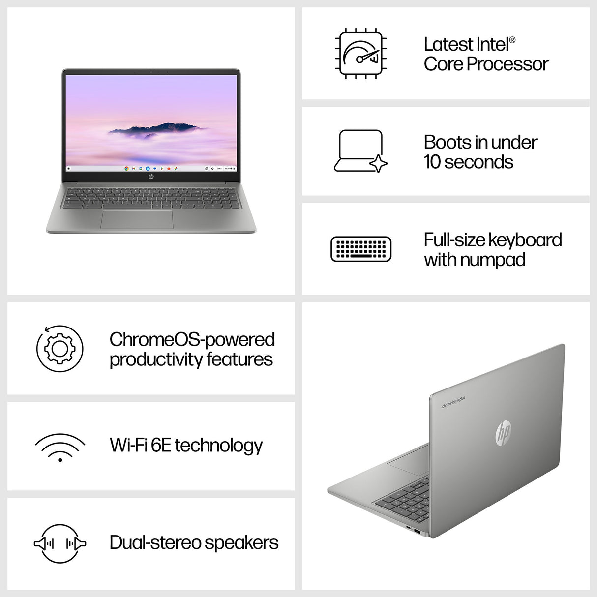 HP Chromebook 15a-nb0004na Intel® Core™ i3 i3-N305 39.6 cm (15.6") Full HD 8 GB LPDDR5-SDRAM 256 GB Flash Wi-Fi 6 (802.11ax) ChromeOS Silver