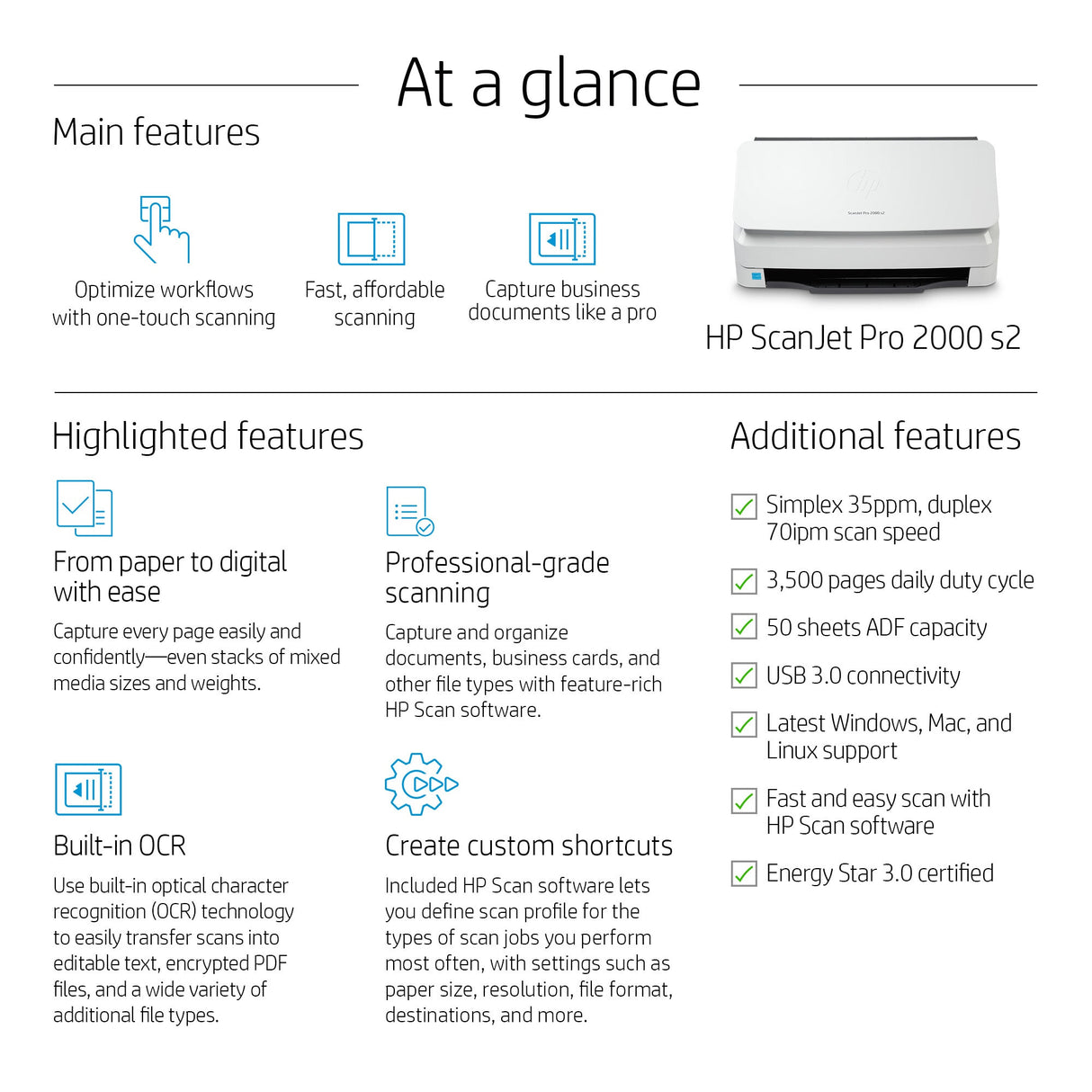 HP Scanjet Pro 2000 s2 Sheet-feed Scanner Sheet-fed scanner 600 x 600 DPI A4 Black, White