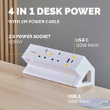 Fellowes Power Desk 2 Socket with 2 Power Sockets 1 USB-A & USB-C Ports White