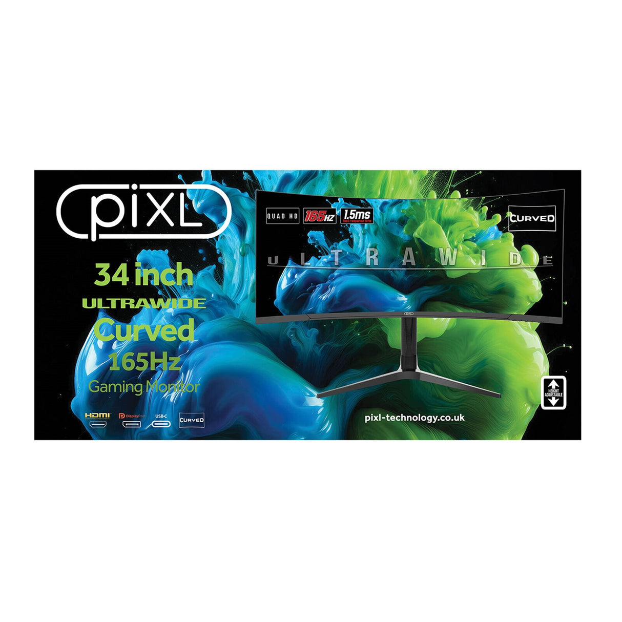 piXL CM34C7 34 Inch Ultrawide Gaming Monitor, 165Hz, 1.5ms, 3440x1440, HDMI, DisplayPort, USB Type-C, USB-B, USB-A x 2, Audio, Curve R1500, Height Adjustable, 3 Year Warranty computer monitor 86.4 cm (34") 3440 x 1440 pixels UltraWide Quad HD LED Black