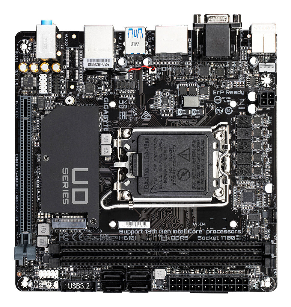 GIGABYTE H610I Motherboard - Supports Intel Core 14th CPUs, 4+1+1 Hybrid Digital VRM, up to 5600MHz DDR5, 1xPCIe 3.0 M.2, GbE LAN, USB 3.2 Gen 1