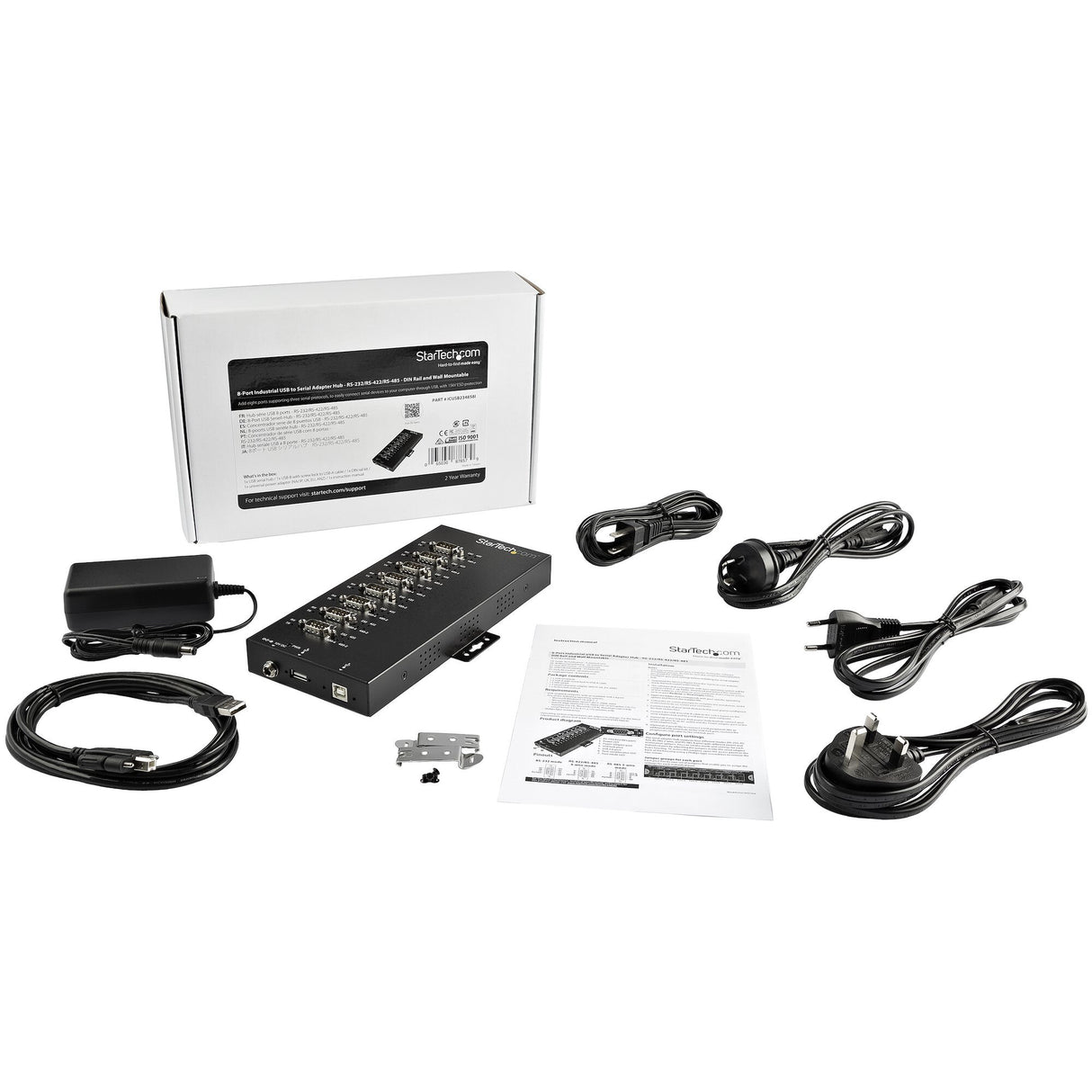 StarTech.com 8 Port Serial Hub USB to RS232/RS485/RS422 Adapter - Industrial USB 2.0 to DB9 Serial Converter Hub - IP30 Rated - Din Rail Mountable Metal Serial Hub - 15kV ESD Protection