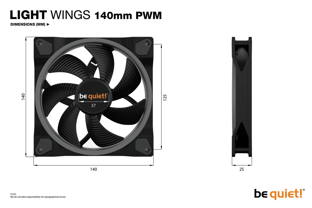 Soyez silencieux! Light Wings Ventilateur RVB adressable PWM, 140 mm, 1500 tr/min, ventilateur PWM 4 broches et connecteurs ARGB 3 broches, cadre noir, pales noires, éclairage ARGB à l'avant et à l'arrière