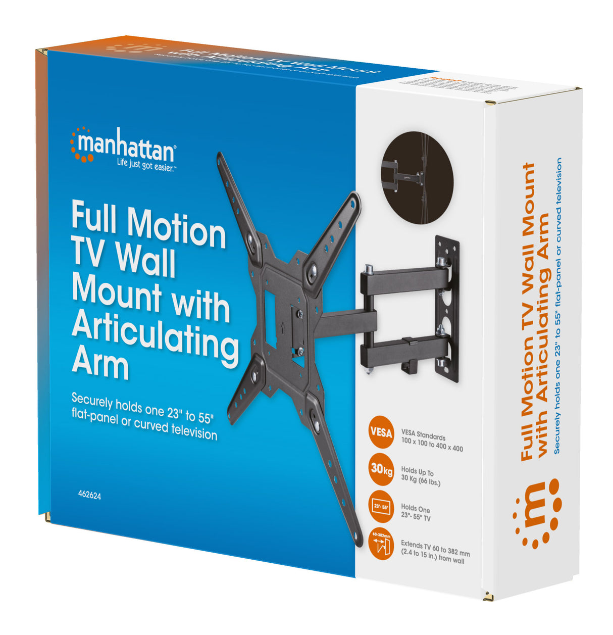 Manhattan Wall Mount for TV & Monitors (Full Motion), For screens 32" to 55", VESA compatability: all between 100x100mm and 400x400mm - check the dimensions of the four mounting holes on back of screen to ensure it fits, Max 30kg, Black, Bracket