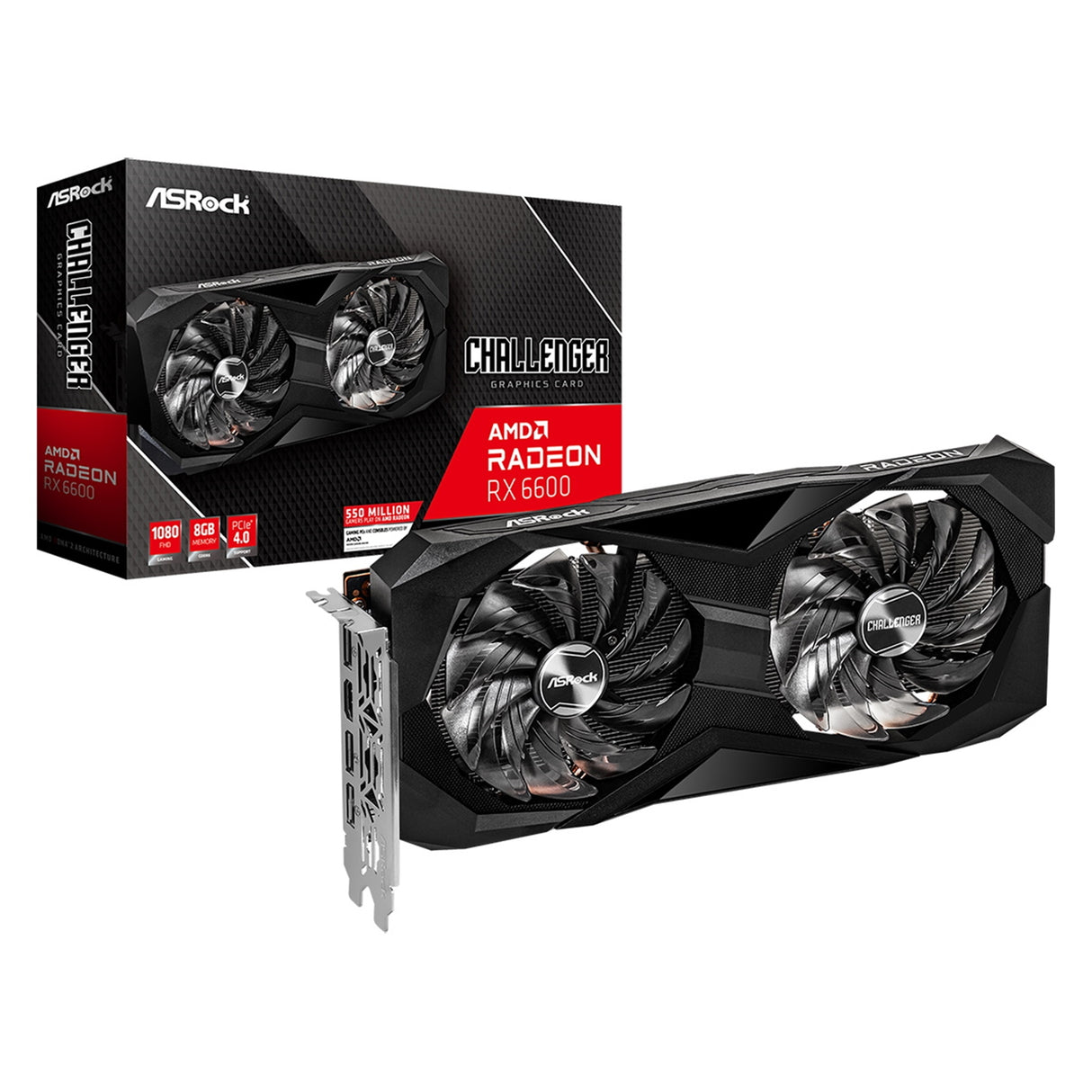 ASRock AMD Radeon RX 6600 Challenger D 8GB Graphics Card, 8GB GDDR6, 1792 Streams, 2491 MHz Boost Clock, Dual Fan, 3x DisplayPorts / 1x HDMI Port