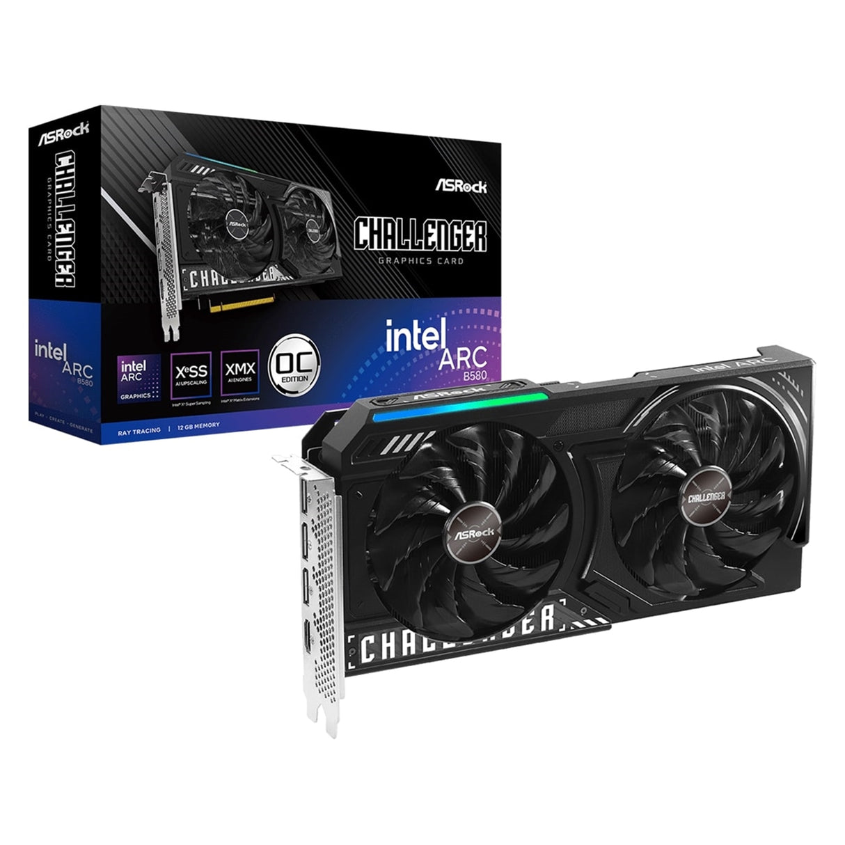 ASRock Intel Arc B580 Challenger OC 12GB GDDR6 Graphics Card, 2740 MHz Base Clock, Dual Fan, 3x DisplayPorts / 1x HDMI Port