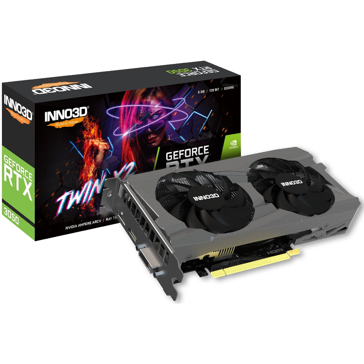 Inno3D NVIDIA GeForce RTX 3050 6GB TWIN X2 Graphics Card, 6GB GDDR6, 2304 CUDA Cores, 1470 MHz Boost Clock, Dual Fan, 1x DVI-D / 1x DisplayPort / 1x HDMI Port