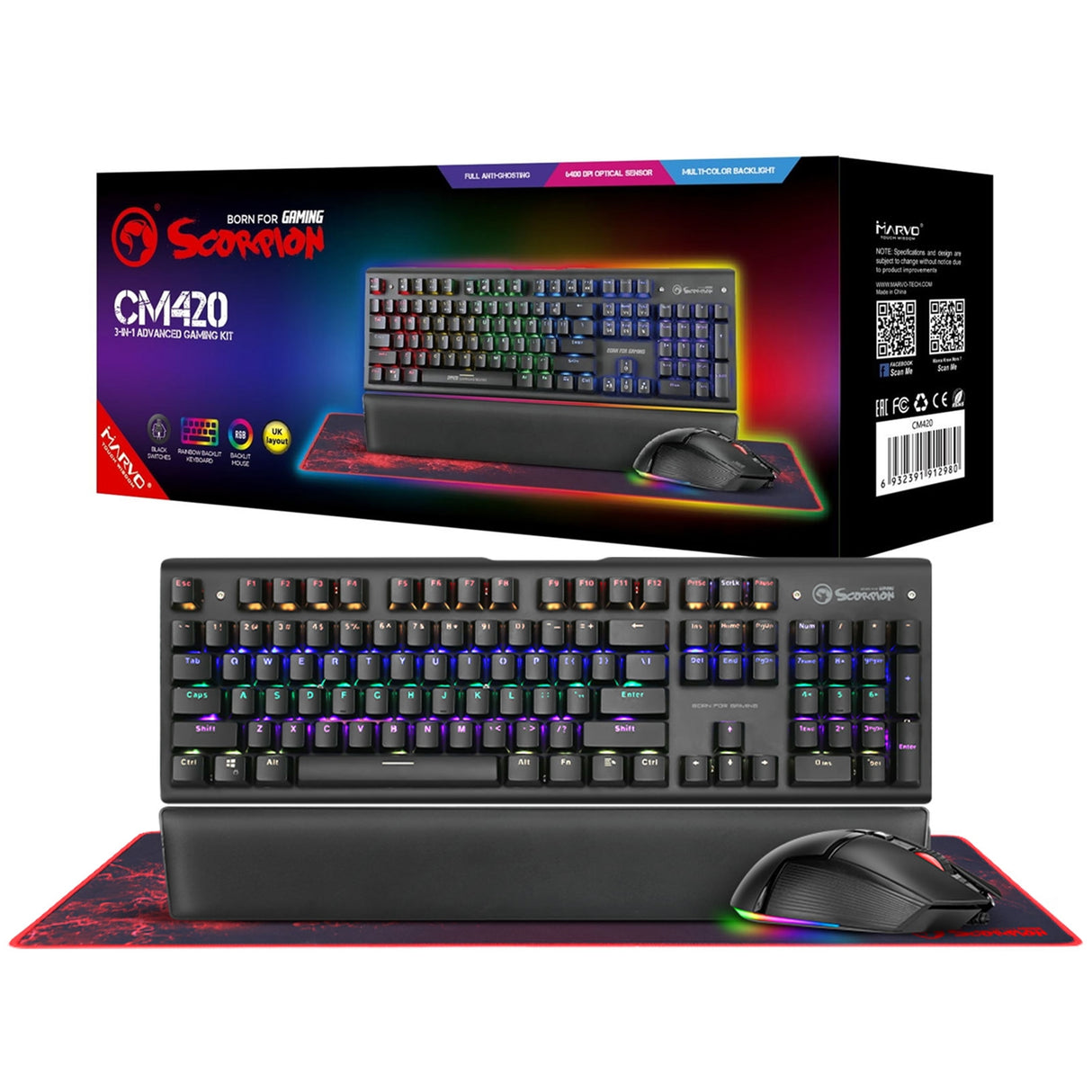 Marvo Scorpion CM420-UK Ensemble de jeu 3 en 1, clavier, souris et tapis de souris filaire USB 2.0, RVB, mécanique, interrupteur bleu, touches multimédia et anti-ghosting, disposition britannique, 6400 dpi, souris RVB programmable