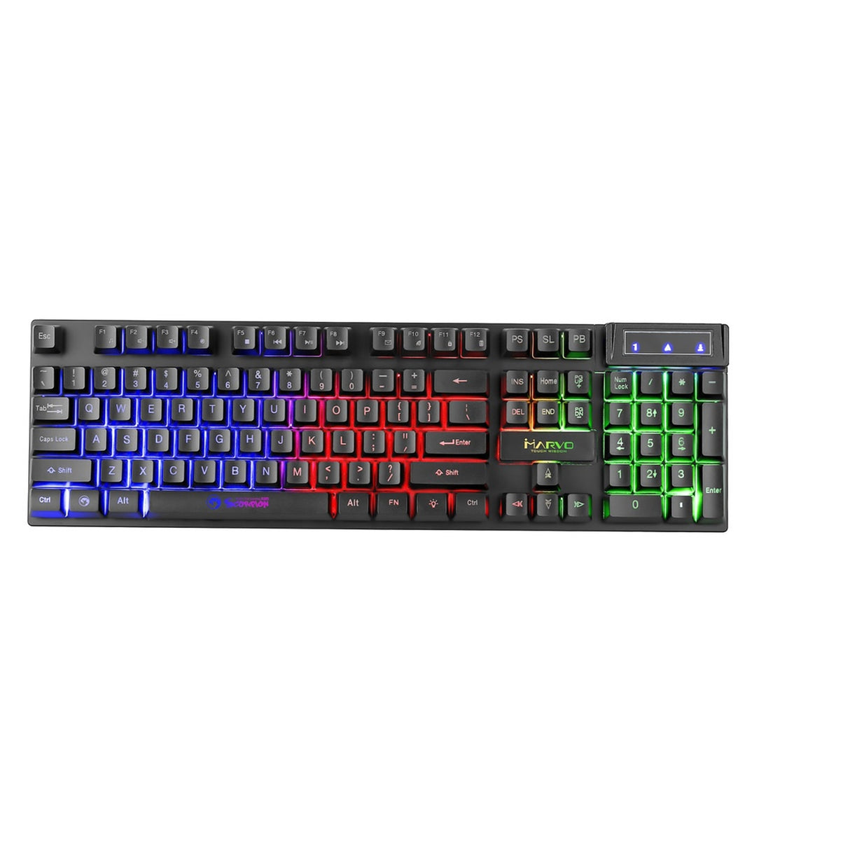 Clavier de jeu Marvo Scorpion K605, rétroéclairage LED 3 couleurs, USB 2.0, conception sans cadre avec touches multimédia et anti-ghosting, disposition britannique