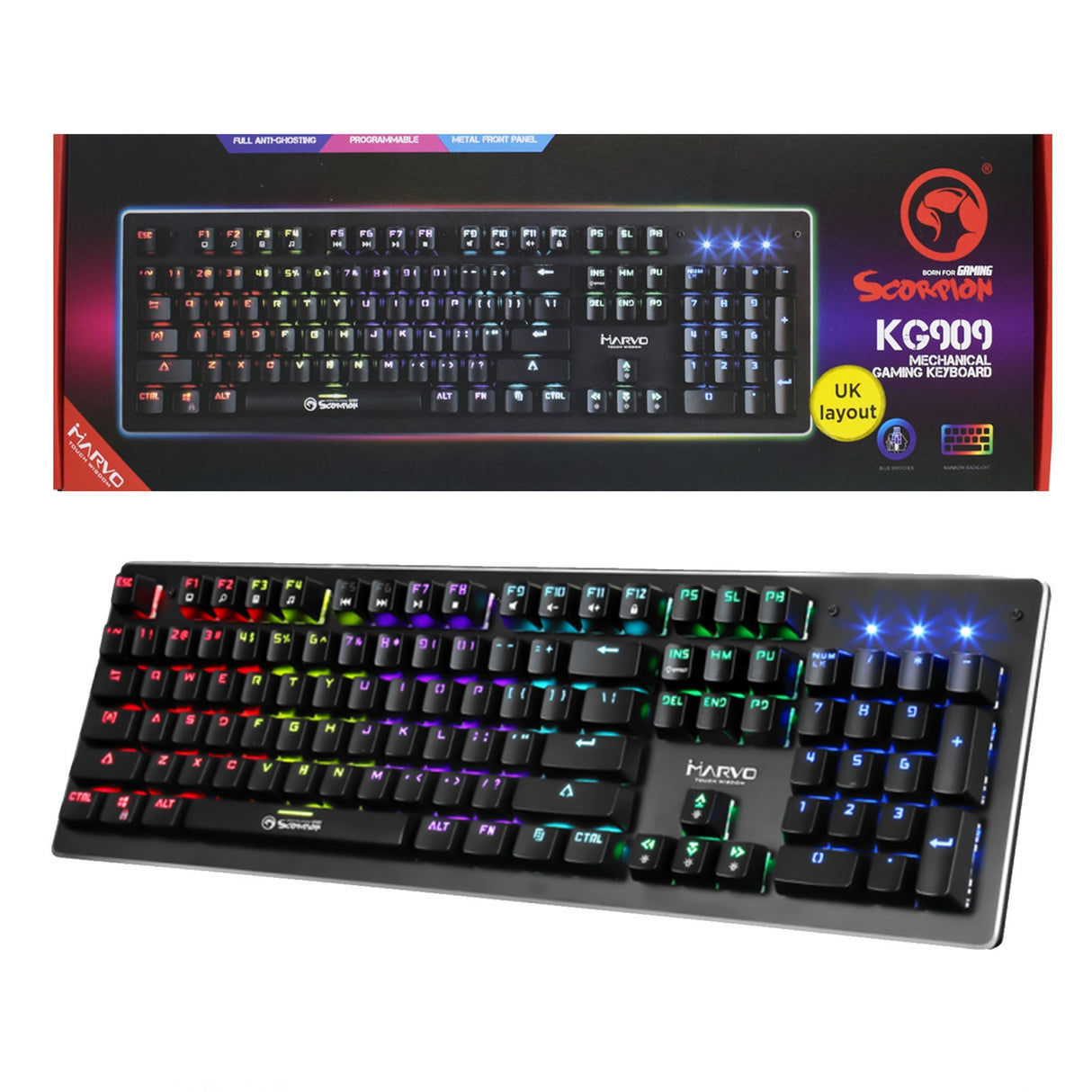 Marvo Scorpion KG909-UK Teclado mecánico para juegos de tamaño completo, con interruptores mecánicos azules, retroiluminación RGB con LED individual para cada tecla, 104 teclas, anti-ghosting