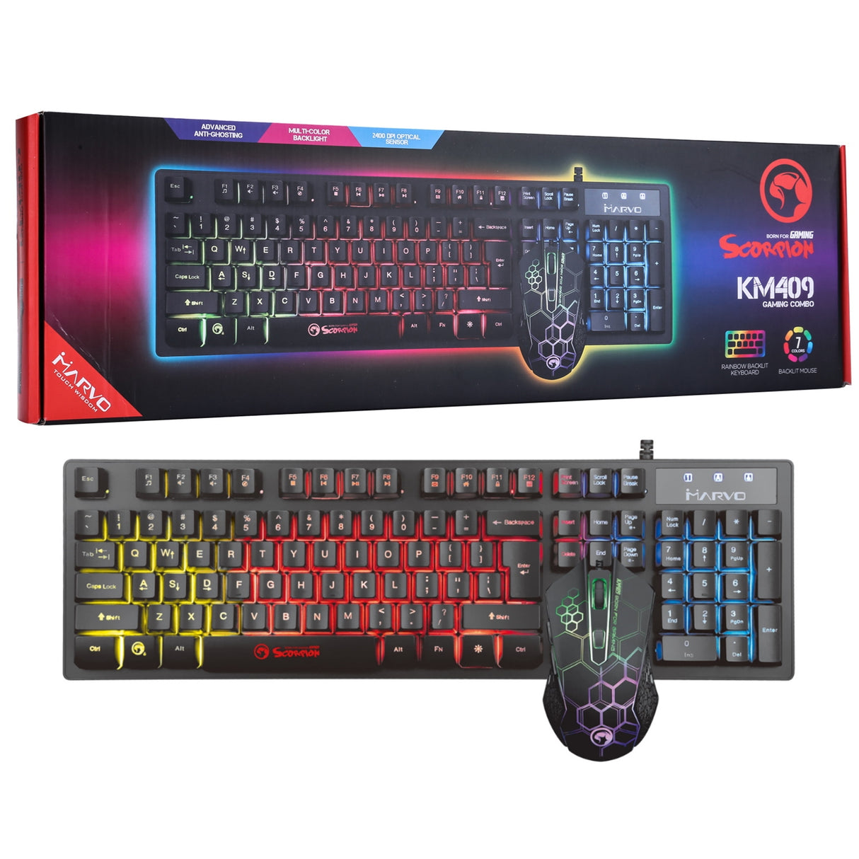 Marvo Scorpion KM409 Ensemble clavier et souris de jeu, rétroéclairage LED 7 couleurs, USB 2.0, design compact, avec touches multimédia et anti-ghosting, souris à capteur optique réglable 800-2400 dpi