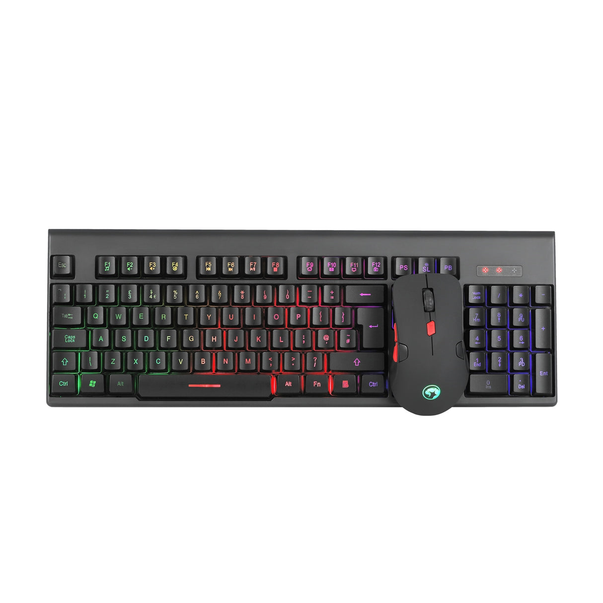 Marvo Scorpion KW512 Ensemble clavier et souris sans fil, 12 touches multimédia, rétroéclairage LED 3 couleurs avec 7 modes d'éclairage, souris optique réglable 800-1600 dpi, 6 boutons, idéal pour les jeux, la maison ou le bureau
