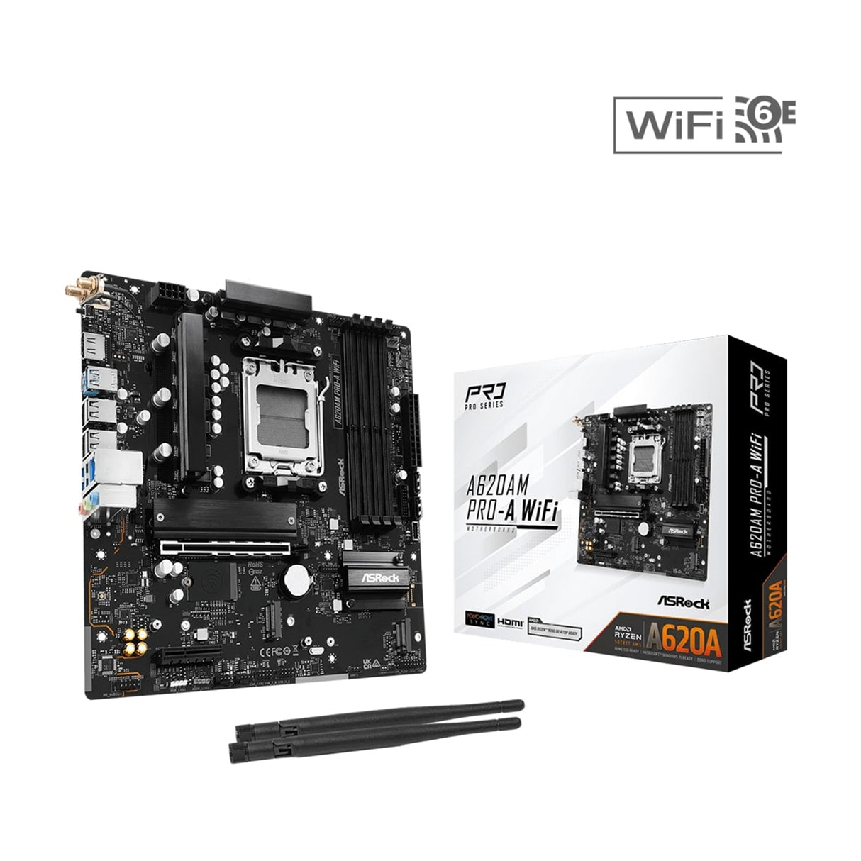 ASRock A620AM PRO-A WIFI AMD Socket AM5 Motherboard, 4 x DDR5 DIMM Slots, 1 x M.2 Socket (Key E), 2 x USB 3.2 Type-C, 2.5G LAN, 802.11axe Wi-Fi 6E Module, 1 x HDMI Port